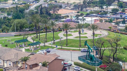 Aerial view of oil rig in residential neighborhood